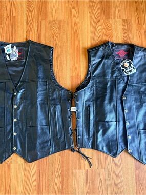 Black Leather Motorcycle Vest Duo - Side Lace Up